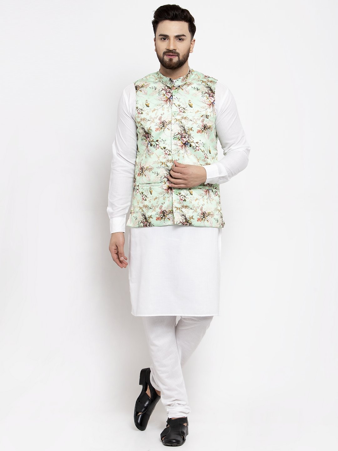 Men's White Solid Kurta with Churidar & Lime Green Printed Nehru Jacket