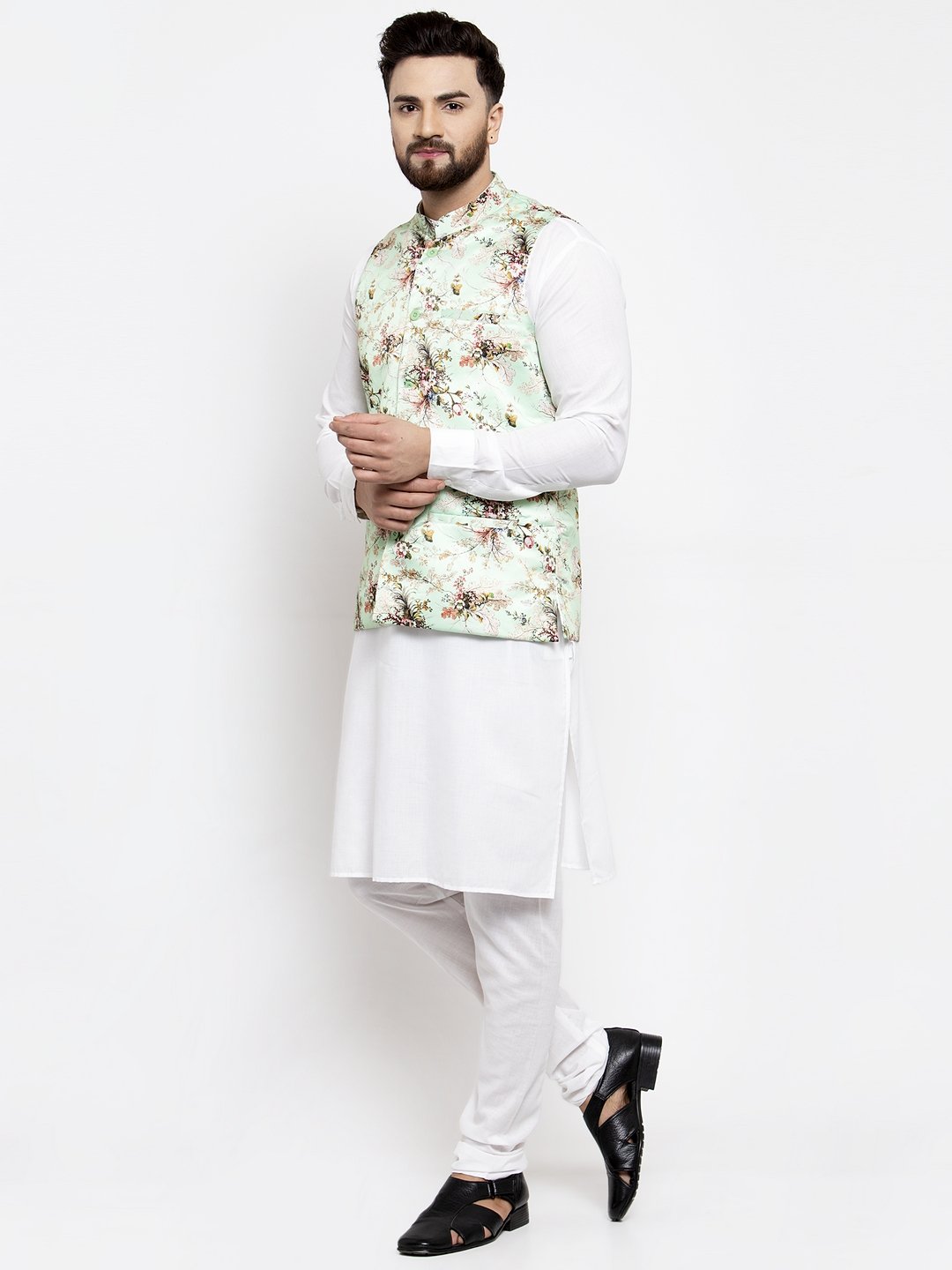 Men's White Solid Kurta with Churidar & Lime Green Printed Nehru Jacket