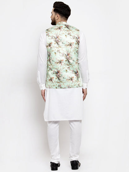 Men's White Solid Kurta with Churidar & Lime Green Printed Nehru Jacket