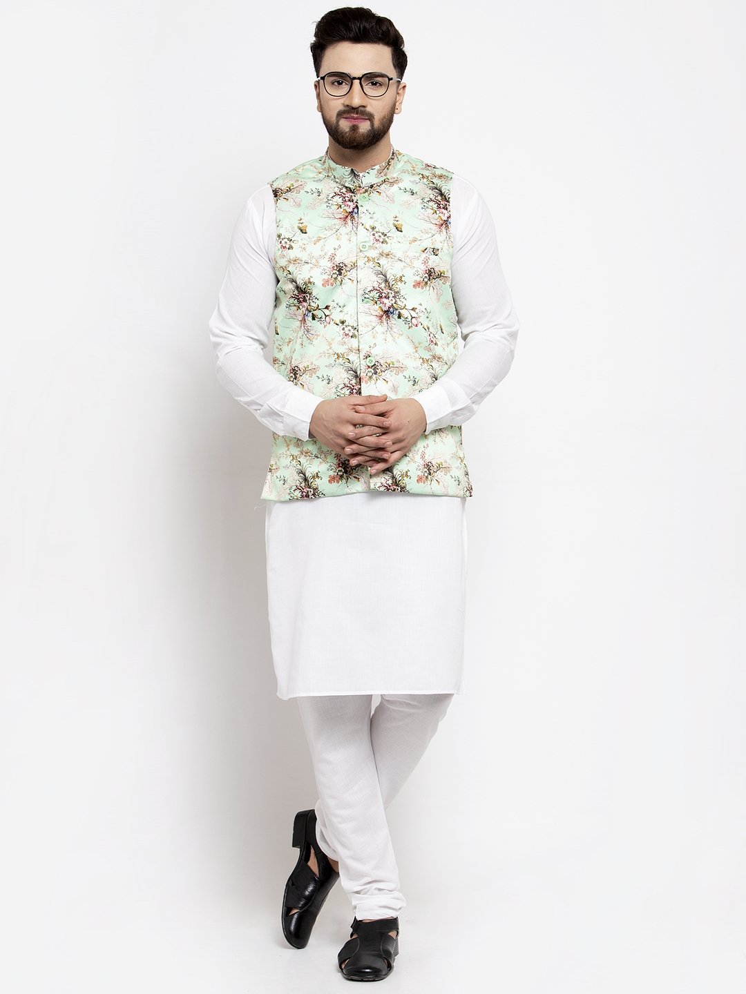 Men's White Solid Kurta with Churidar & Lime Green Printed Nehru Jacket