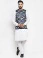 Men's White Solid Kurta with Churidar & Navy Blue Printed Nehru Jacket