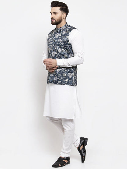 Men's White Solid Kurta with Churidar & Navy Blue Printed Nehru Jacket