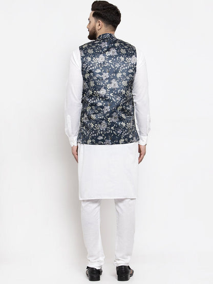 Men's White Solid Kurta with Churidar & Navy Blue Printed Nehru Jacket