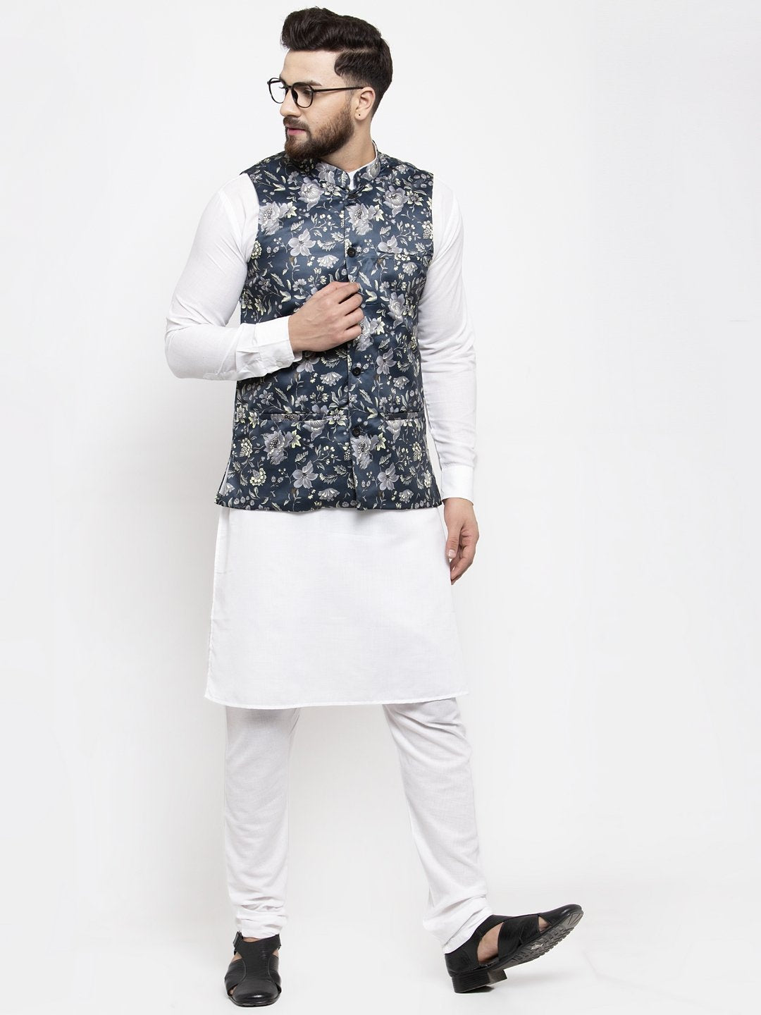 Men's White Solid Kurta with Churidar & Navy Blue Printed Nehru Jacket