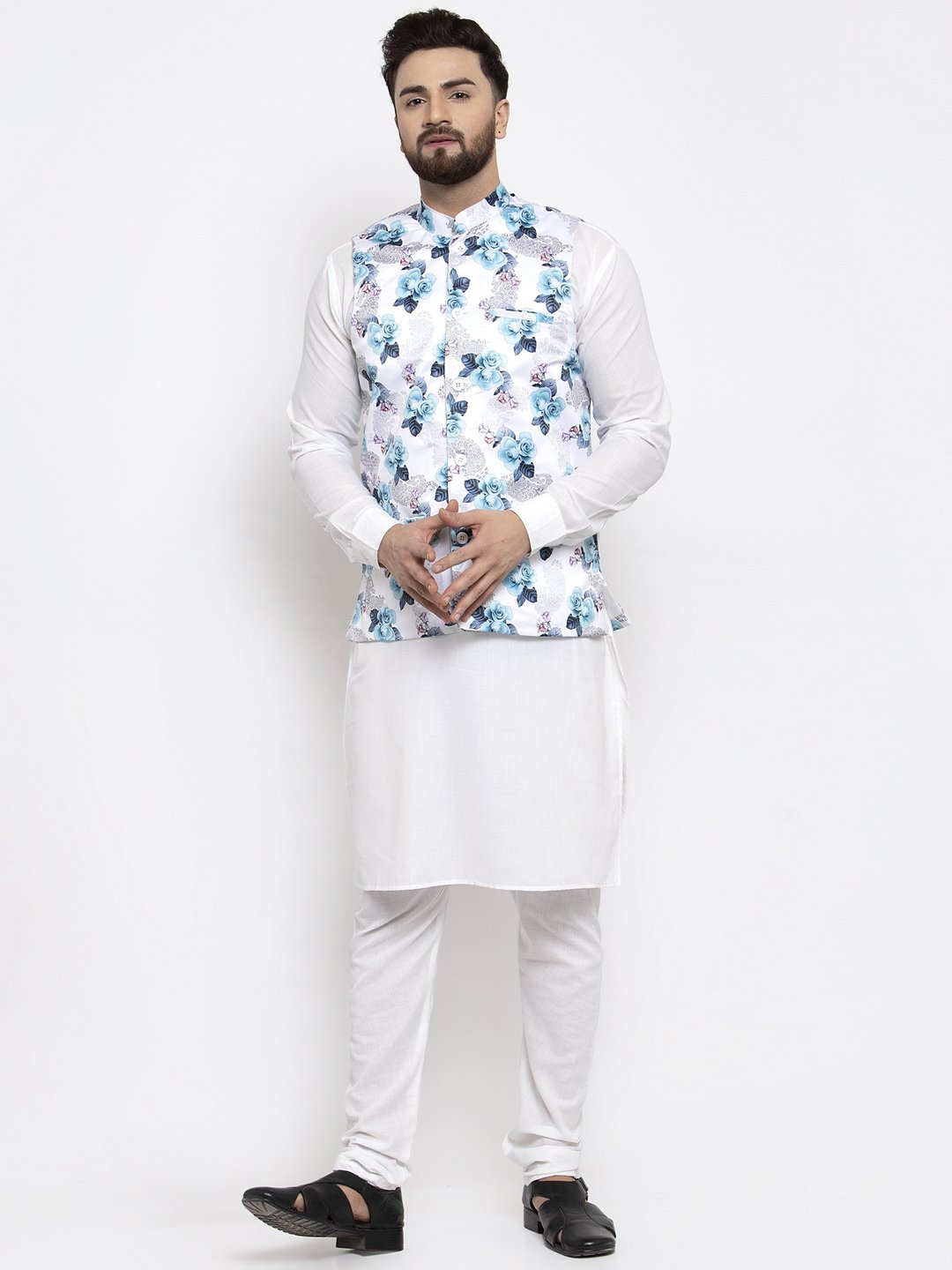 Men's White Solid Kurta with Churidar & Silver Printed Nehru Jacket