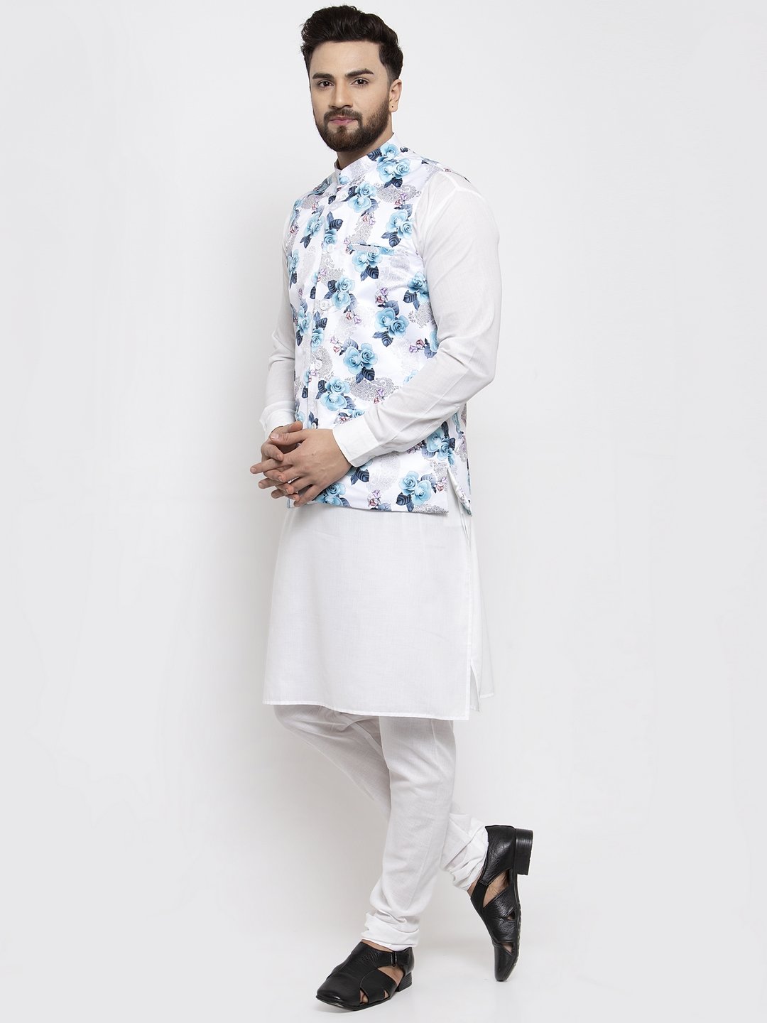 Men's White Solid Kurta with Churidar & Silver Printed Nehru Jacket