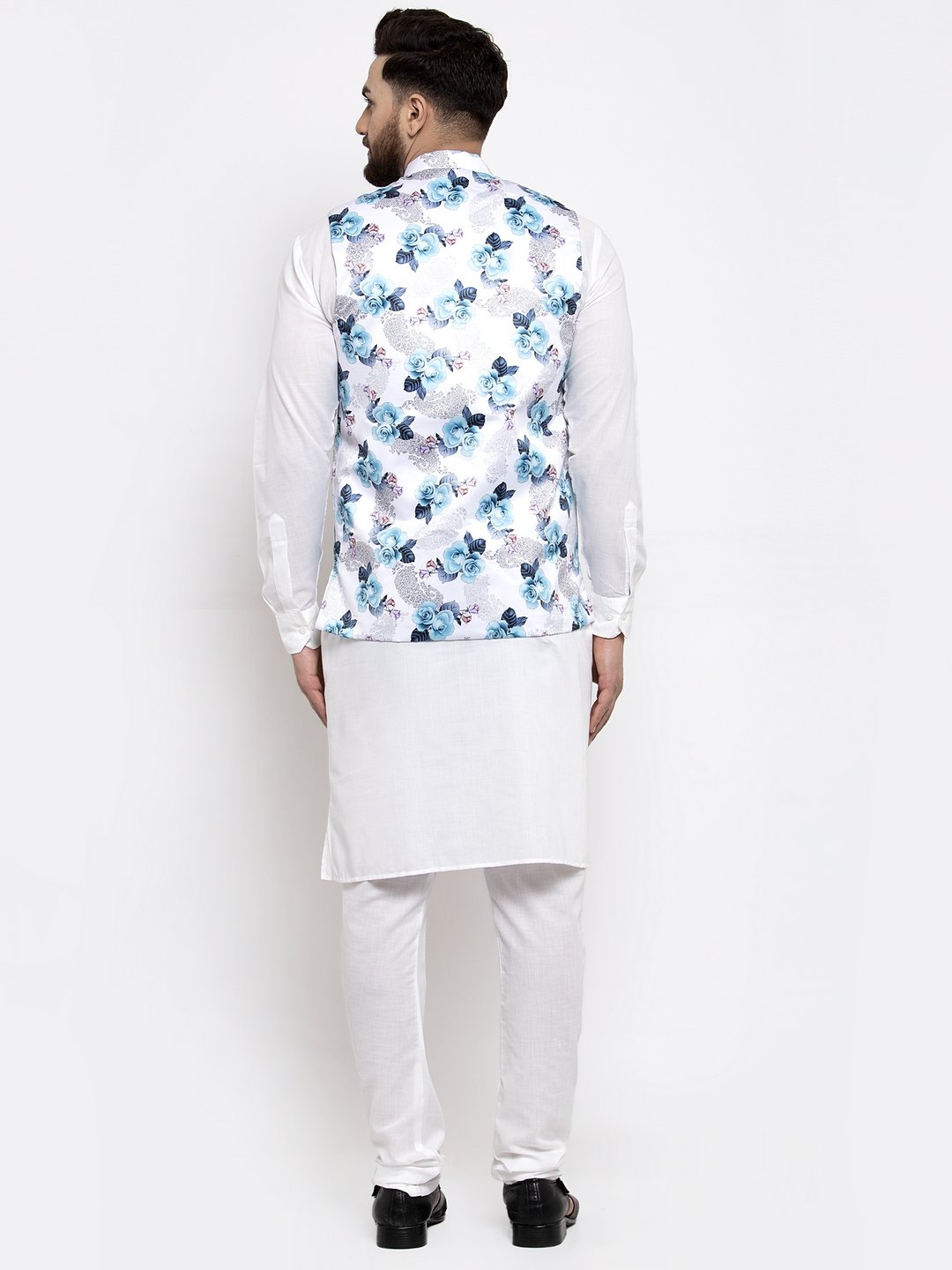 Men's White Solid Kurta with Churidar & Silver Printed Nehru Jacket