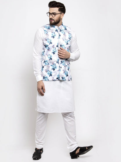 Men's White Solid Kurta with Churidar & Silver Printed Nehru Jacket