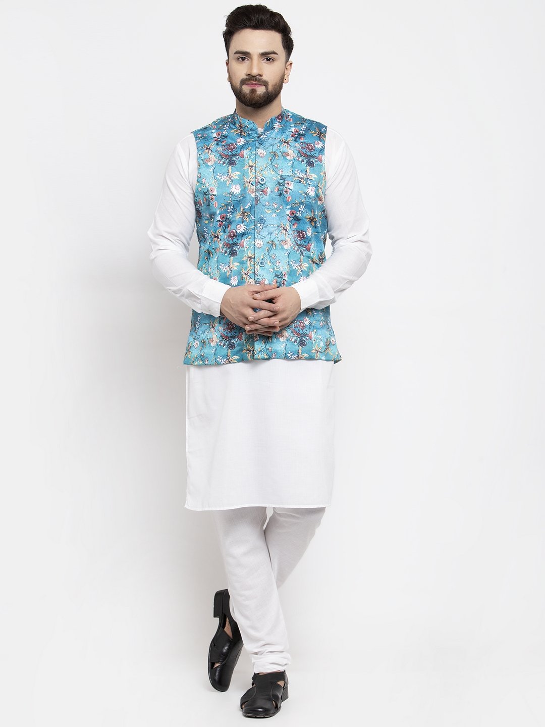 Men's White Solid Kurta with Churidar & Sky Blue Printed Nehru Jacket