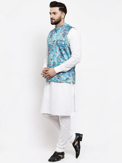 Men's White Solid Kurta with Churidar & Sky Blue Printed Nehru Jacket