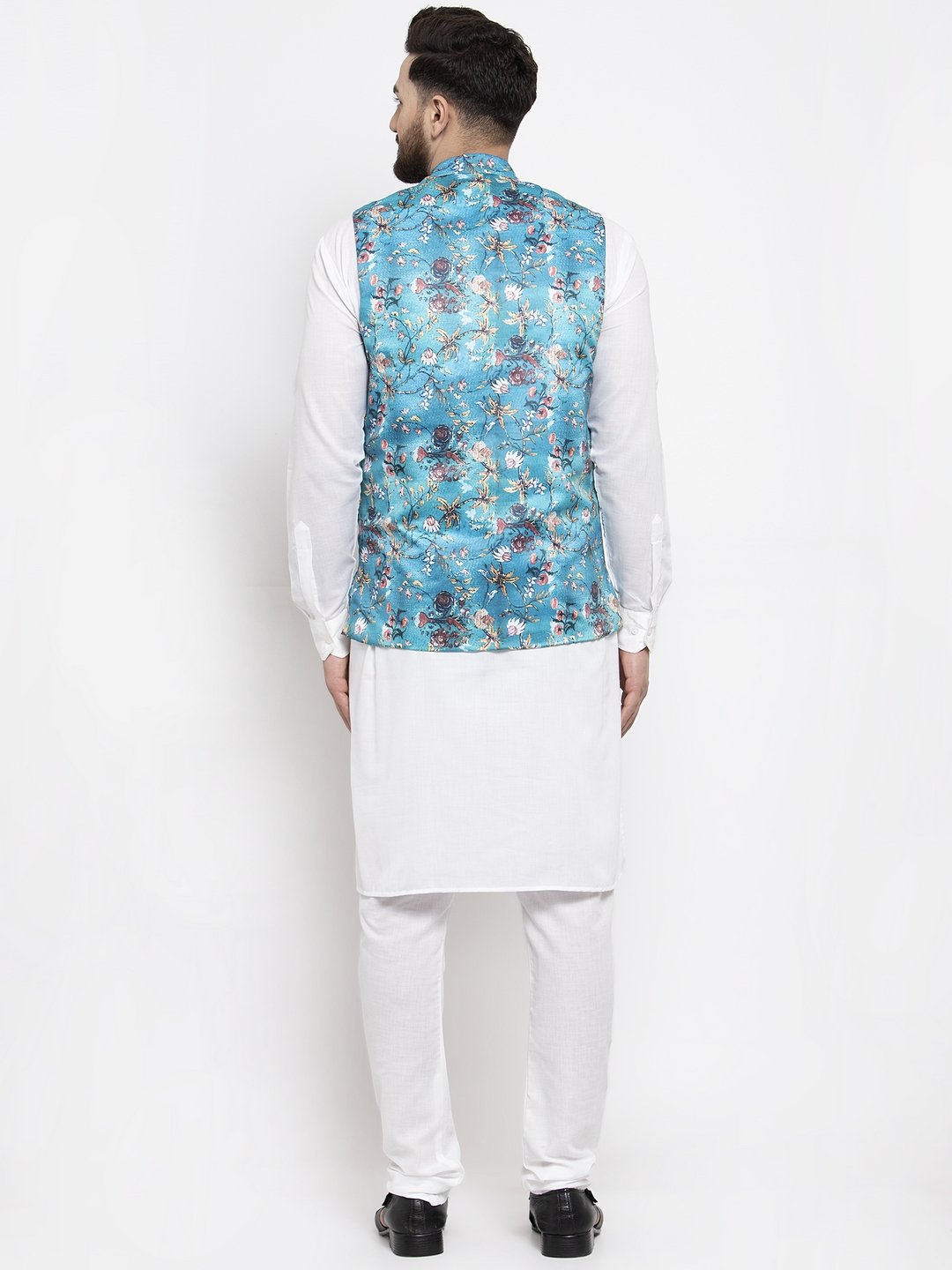 Men's White Solid Kurta with Churidar & Sky Blue Printed Nehru Jacket