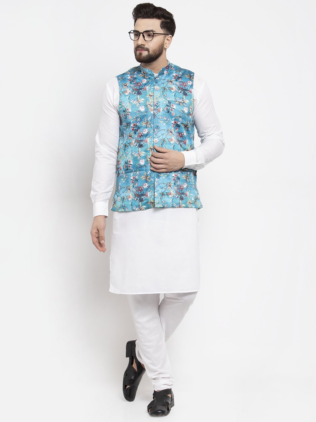 Men's White Solid Kurta with Churidar & Sky Blue Printed Nehru Jacket