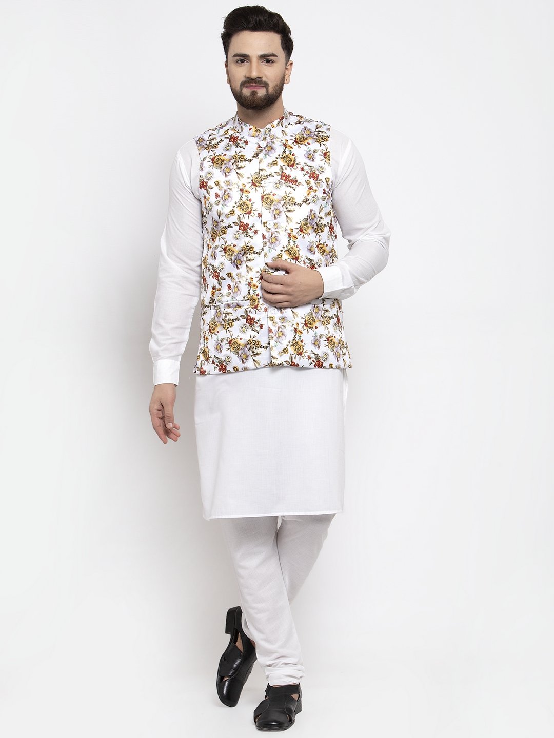 Men's White Solid Kurta with Churidar & White Printed Nehru Jacket (3pc Set)