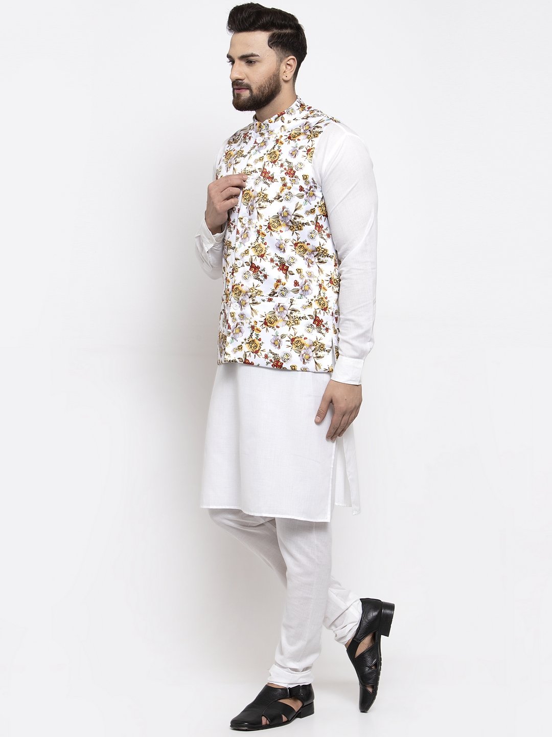 Men's White Solid Kurta with Churidar & White Printed Nehru Jacket (3pc Set)