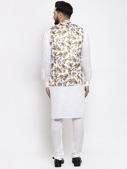 Men's White Solid Kurta with Churidar & White Printed Nehru Jacket (3pc Set)