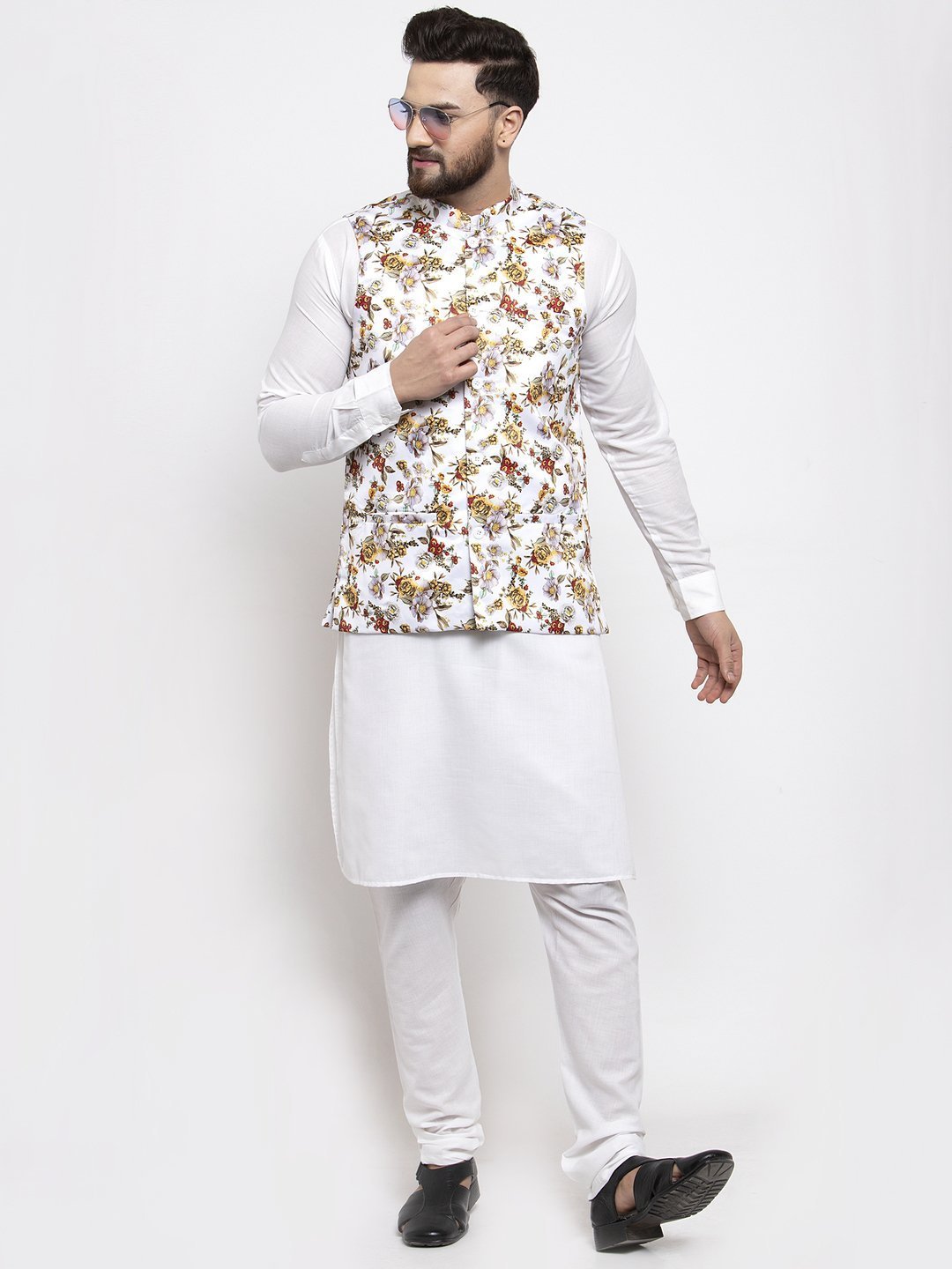 Men's White Solid Kurta with Churidar & White Printed Nehru Jacket (3pc Set)