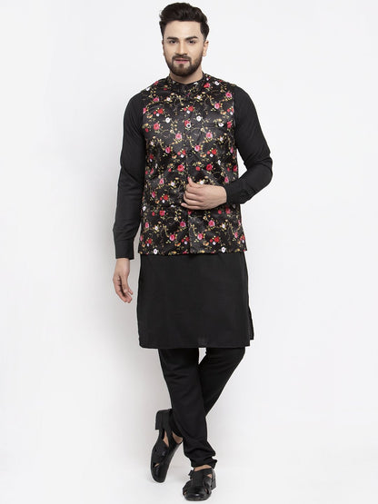 Men's Black Solid Kurta with Churidar & Black Printed Nehru Jacket