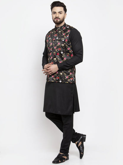 Men's Black Solid Kurta with Churidar & Black Printed Nehru Jacket