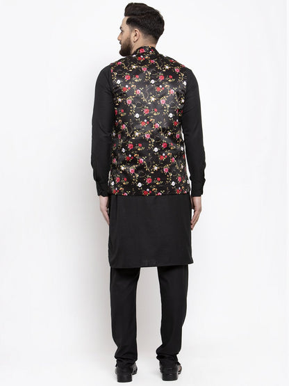 Men's Black Solid Kurta with Churidar & Black Printed Nehru Jacket