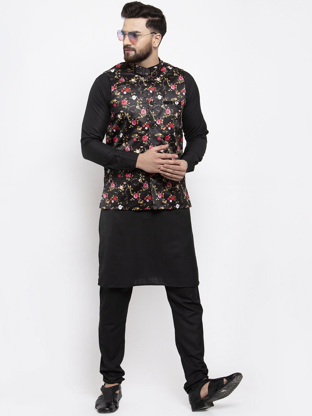 Men's Black Solid Kurta with Churidar & Black Printed Nehru Jacket