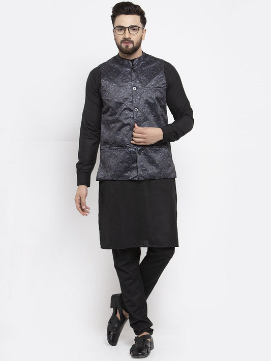 Men's Black Solid Kurta with Churidar & Charcoal Grey Printed Nehru Jacket