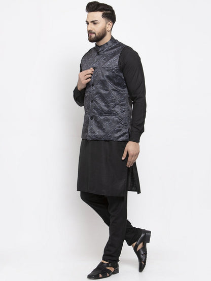 Men's Black Solid Kurta with Churidar & Charcoal Grey Printed Nehru Jacket