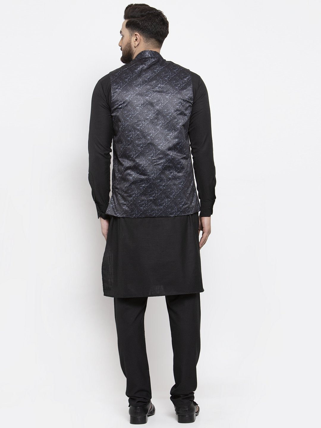 Men's Black Solid Kurta with Churidar & Charcoal Grey Printed Nehru Jacket