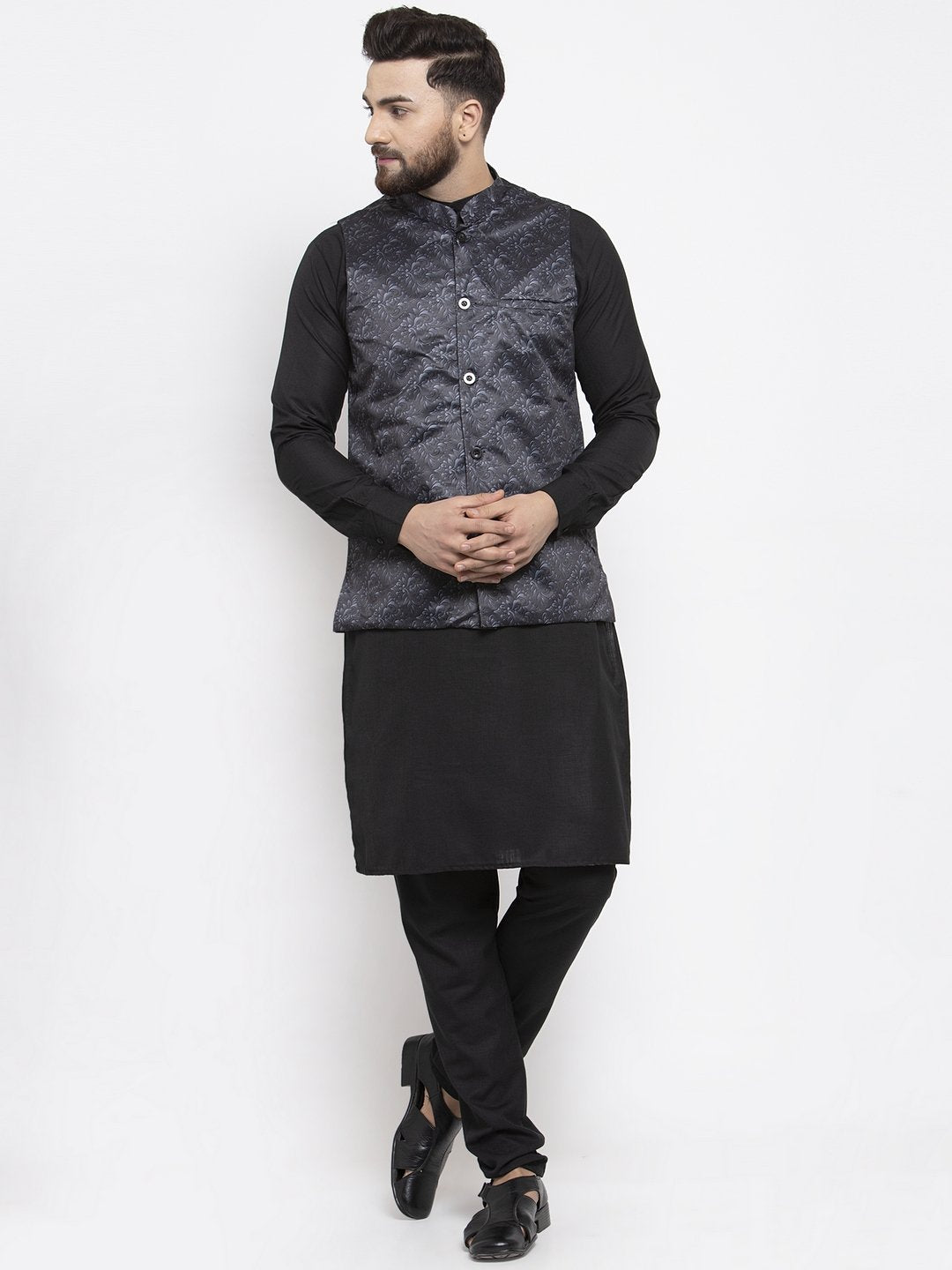 Men's Black Solid Kurta with Churidar & Charcoal Grey Printed Nehru Jacket