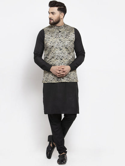 Men's Black Solid Kurta with Churidar & Golden Printed Nehru Jacket