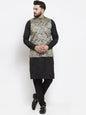 Men's Black Solid Kurta with Churidar & Golden Printed Nehru Jacket