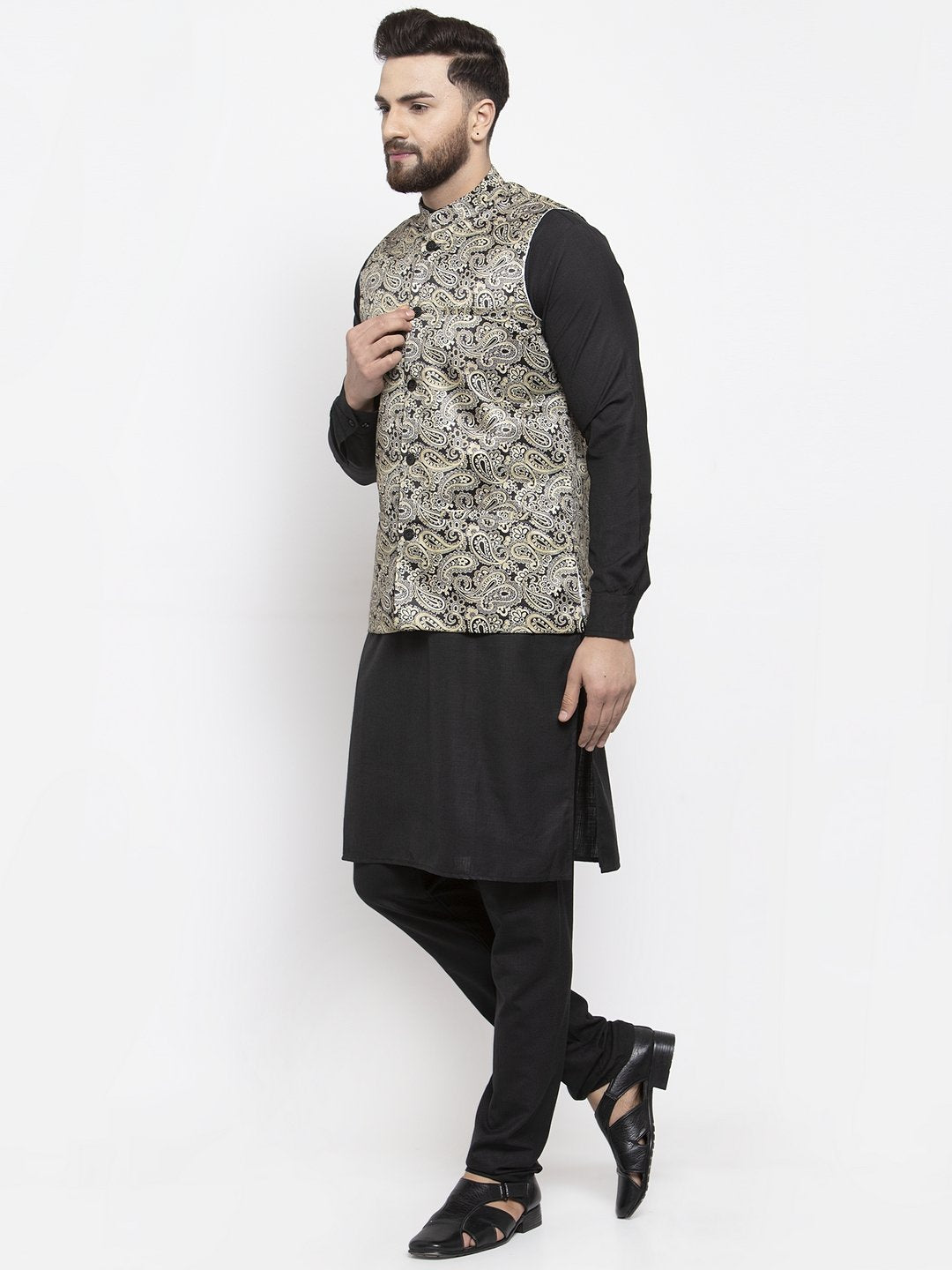 Men's Black Solid Kurta with Churidar & Golden Printed Nehru Jacket