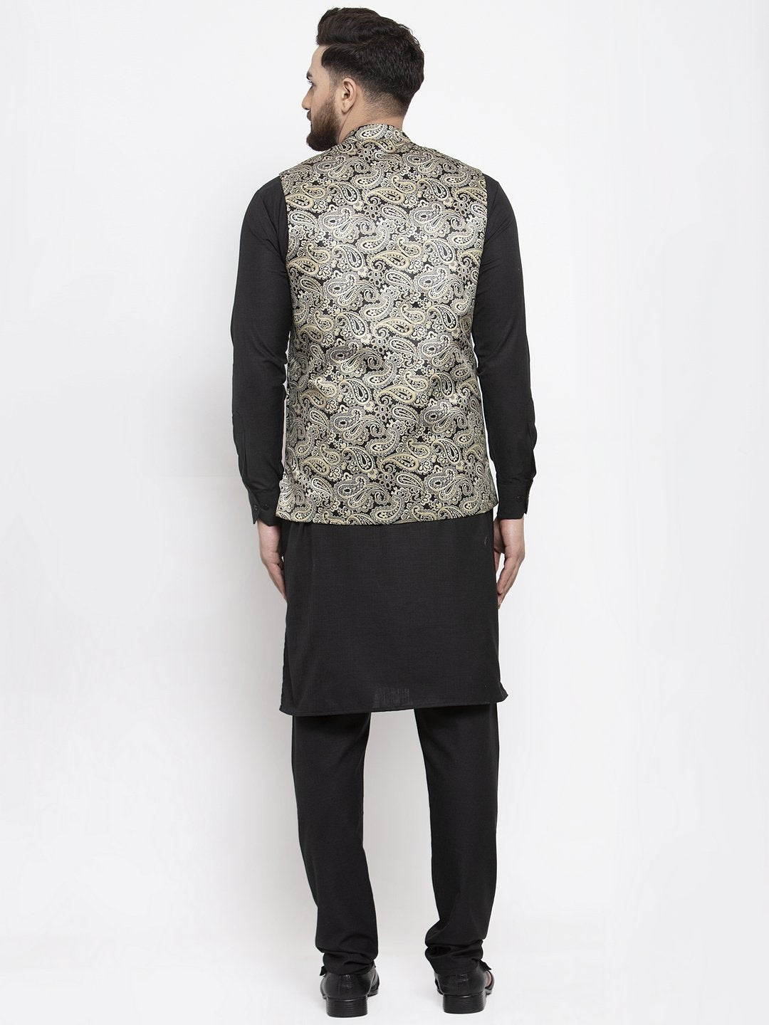 Men's Black Solid Kurta with Churidar & Golden Printed Nehru Jacket