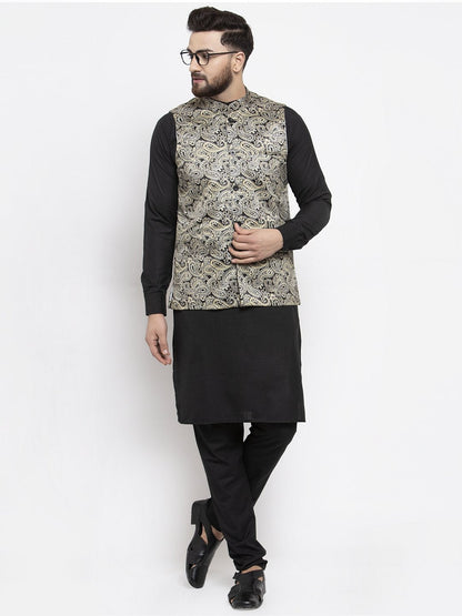 Men's Black Solid Kurta with Churidar & Golden Printed Nehru Jacket