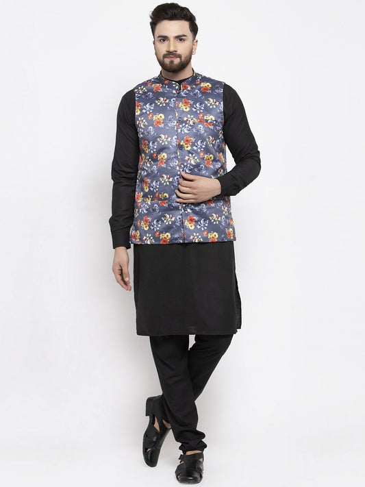 Men's Black Solid Kurta with Churidar & Grey Printed Nehru Jacket