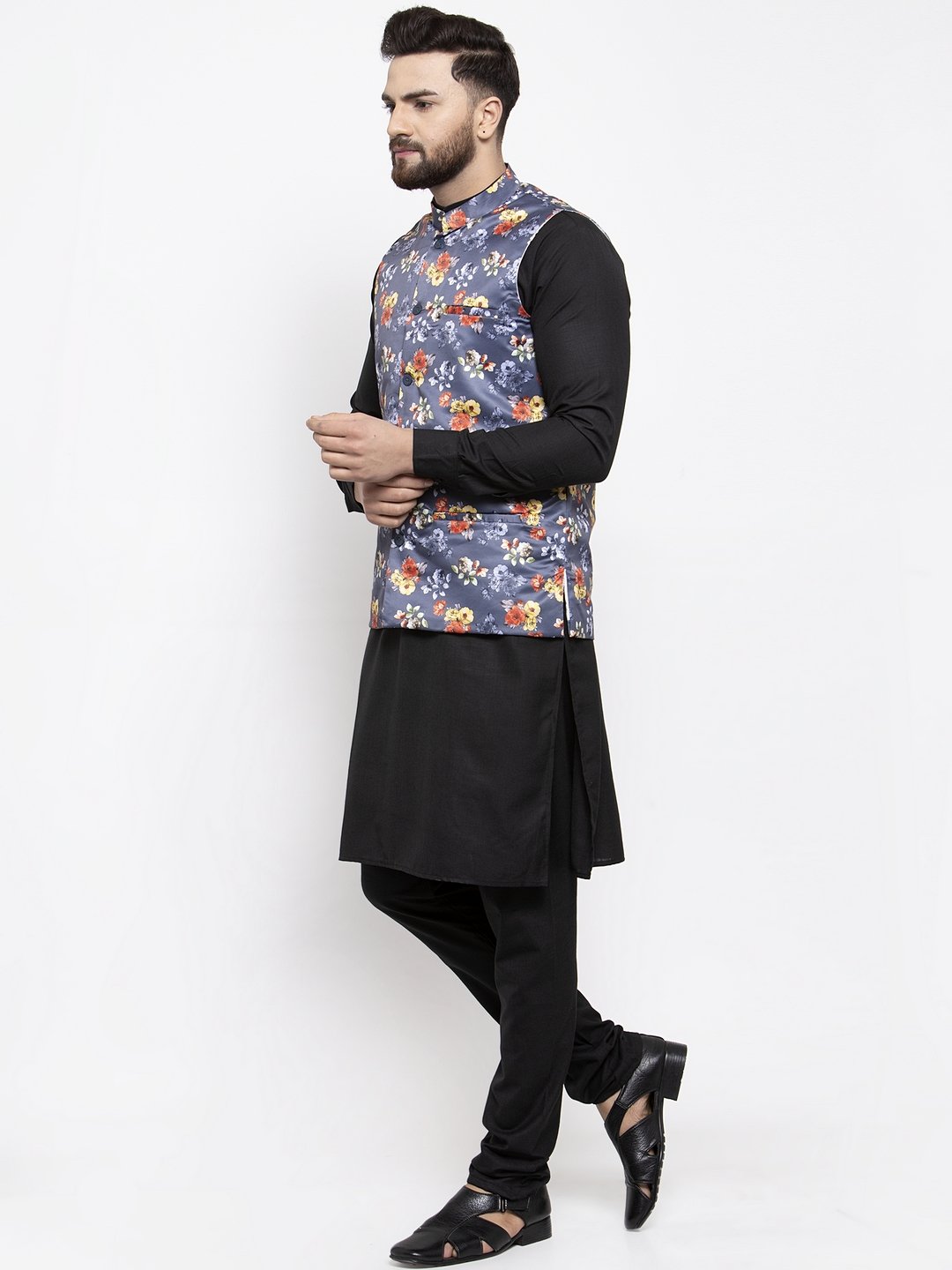 Men's Black Solid Kurta with Churidar & Grey Printed Nehru Jacket