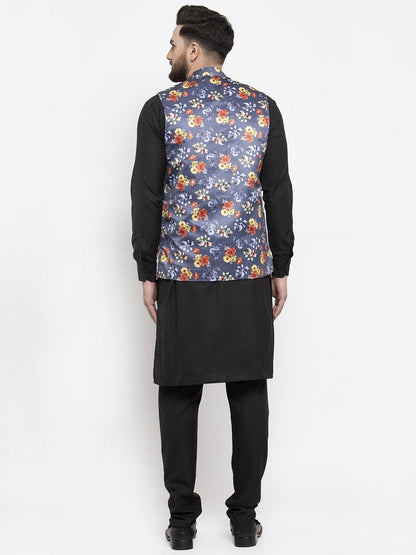 Men's Black Solid Kurta with Churidar & Grey Printed Nehru Jacket