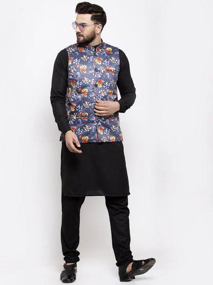 Men's Black Solid Kurta with Churidar & Grey Printed Nehru Jacket