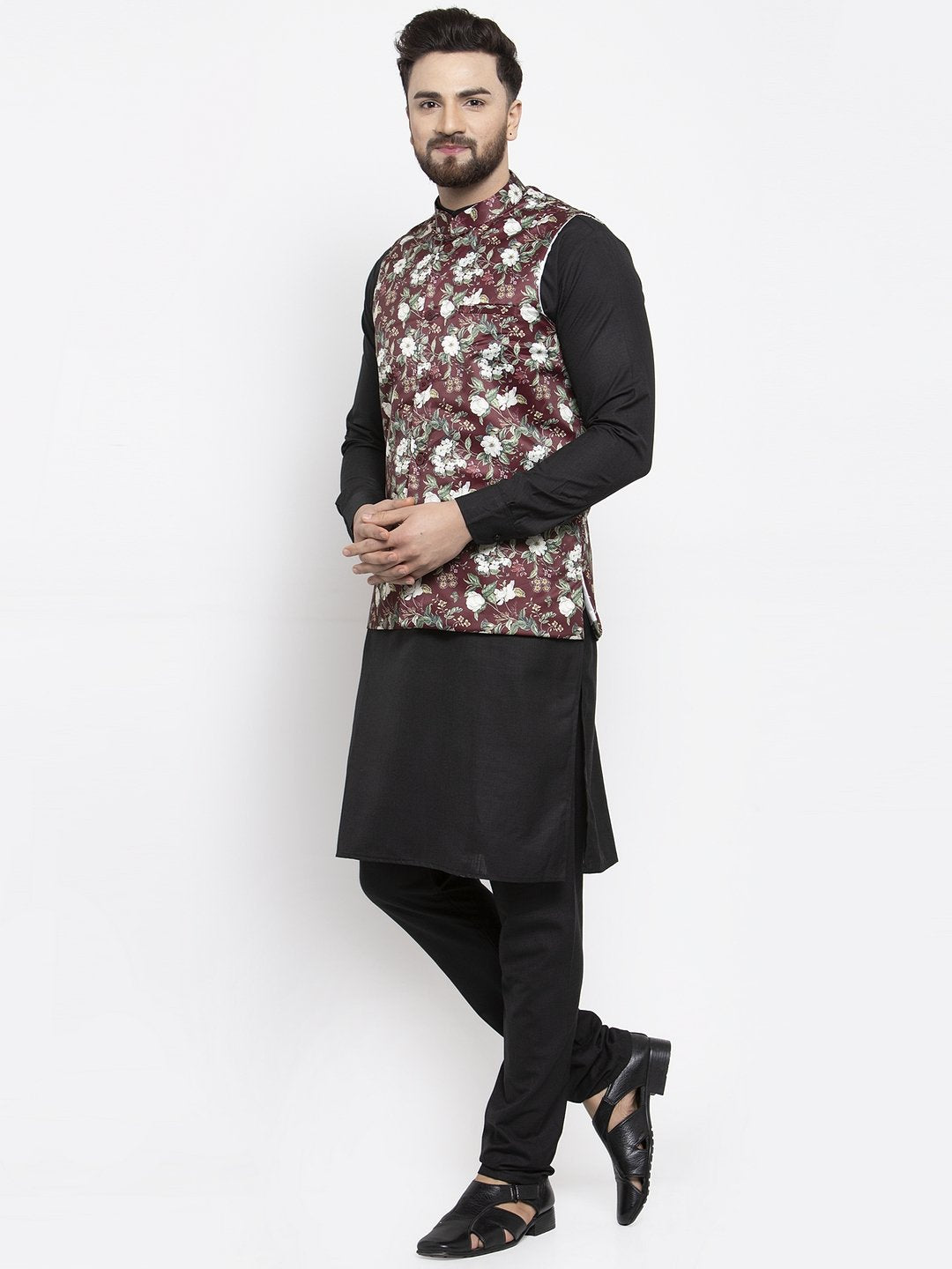 Men's Black Solid Kurta with Churidar & Maroon Printed Nehru Jacket