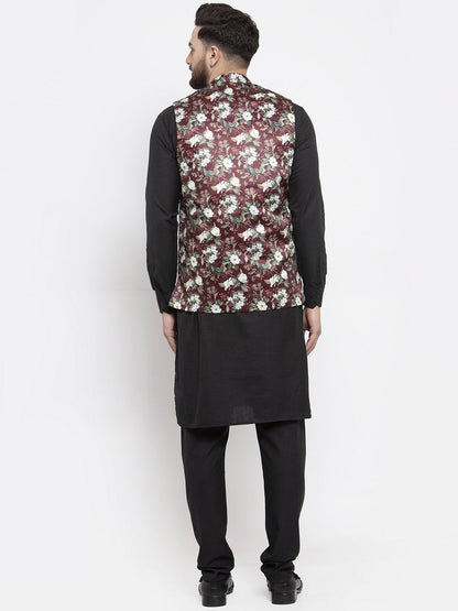 Men's Black Solid Kurta with Churidar & Maroon Printed Nehru Jacket