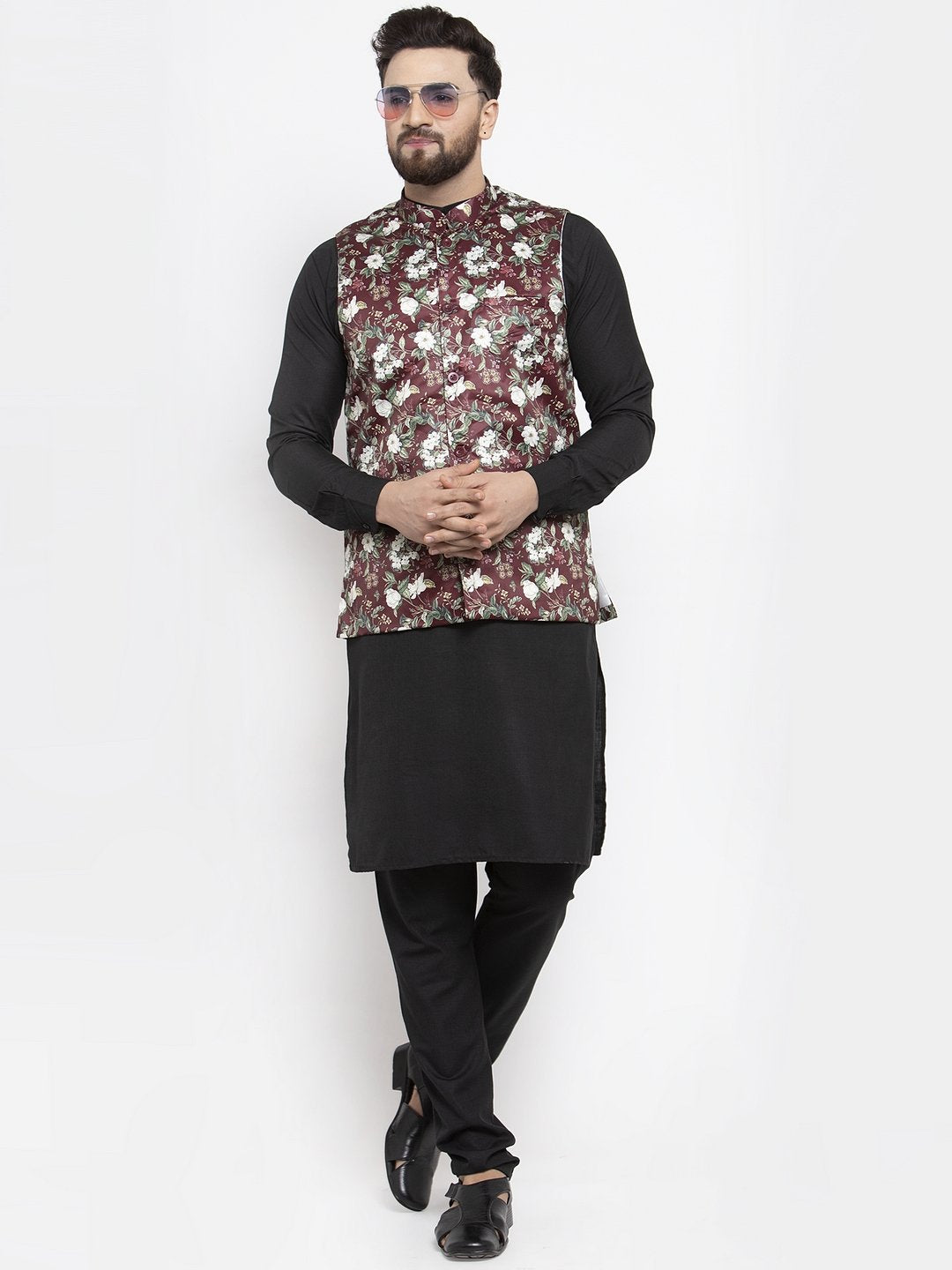 Men's Black Solid Kurta with Churidar & Maroon Printed Nehru Jacket