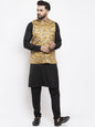 Men's Black Solid Kurta with Churidar & Mustard Printed Nehru Jacket