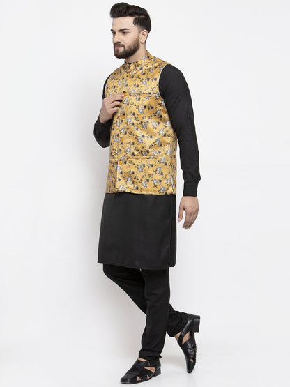 Men's Black Solid Kurta with Churidar & Mustard Printed Nehru Jacket