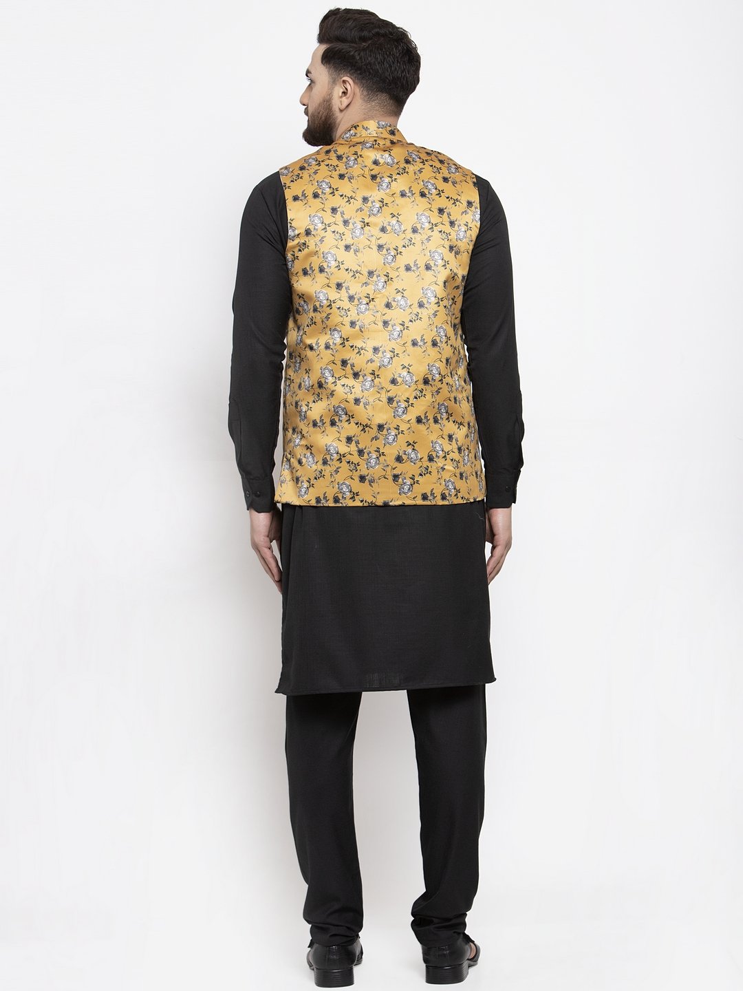 Men's Black Solid Kurta with Churidar & Mustard Printed Nehru Jacket