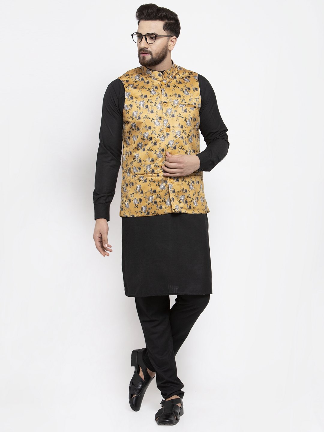 Men's Black Solid Kurta with Churidar & Mustard Printed Nehru Jacket