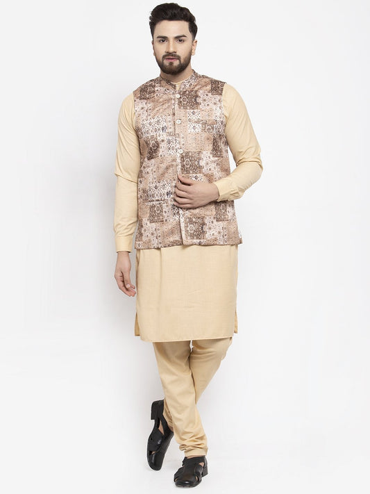 Men's Beige Solid Kurta with Churidar & Beige Printed Nehru Jacket