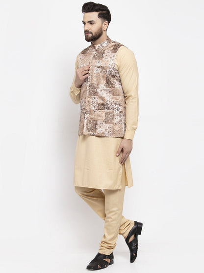 Men's Beige Solid Kurta with Churidar & Beige Printed Nehru Jacket