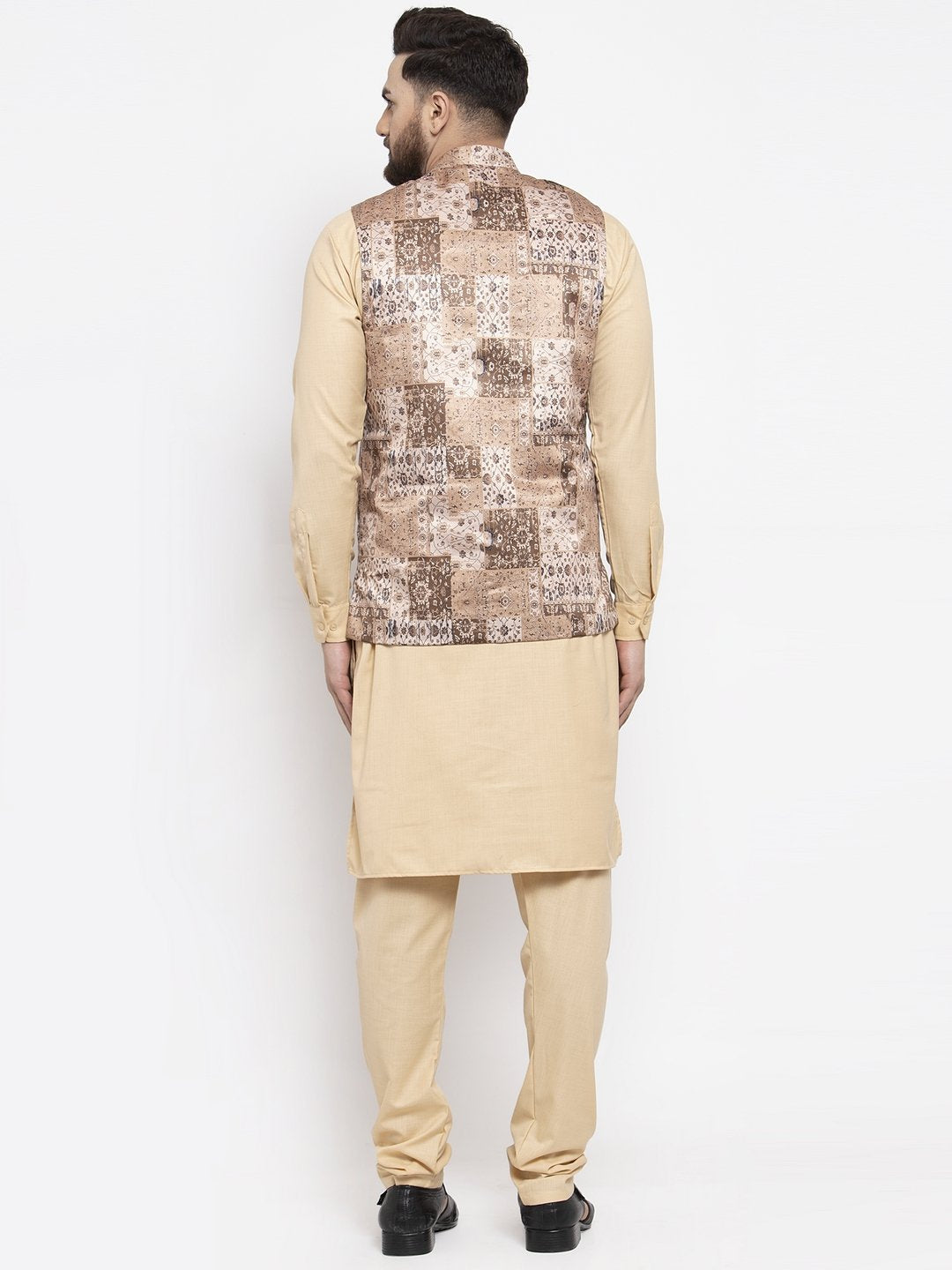 Men's Beige Solid Kurta with Churidar & Beige Printed Nehru Jacket