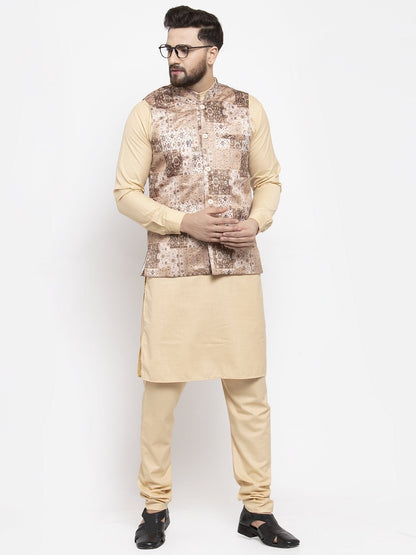 Men's Beige Solid Kurta with Churidar & Beige Printed Nehru Jacket