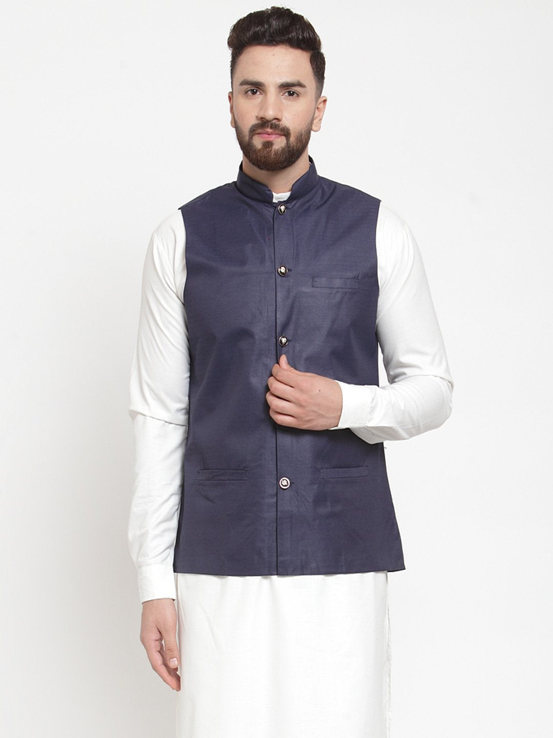 Men's Navy-Blue Solid Nehru Jacket ( JOWC 4002 Navy)