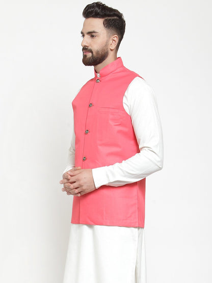 Men's Peach Solid Nehru Jacket ( JOWC 4002 Peach)